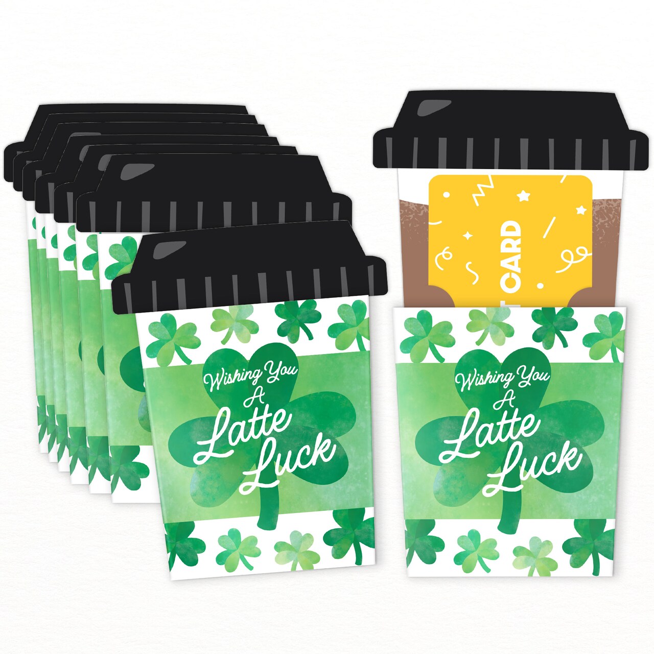 Big Dot of Happiness Shamrock St. Patrick’s Day Coffee Cup Gift Card Holders with Envelopes, Saint Paddy’s Day Latte Luck, Nifty Gifty Pack, Set of 8